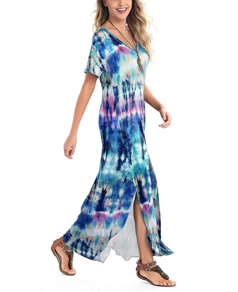 Arolina Women Summer Maxi Dress Short Sleeve V Neck Casual Loose Long Split Dresses Beach Vacation Sundress with Pockets Floral Blue - Image 3